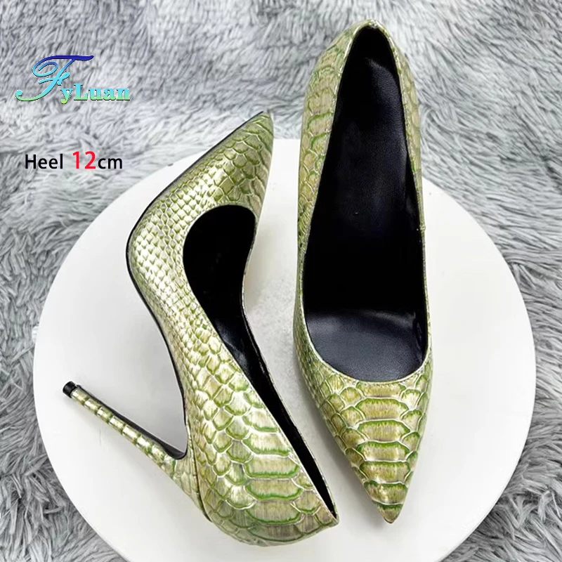 

Роскошные женские туфли-лодочки со змеиной кожей, зеленые офисные туфли на высоком каблуке с острым носком, 8–12 см, вечерние удобные туфли на шпильке без шнуровки, удобные тонкие высокие каблуки