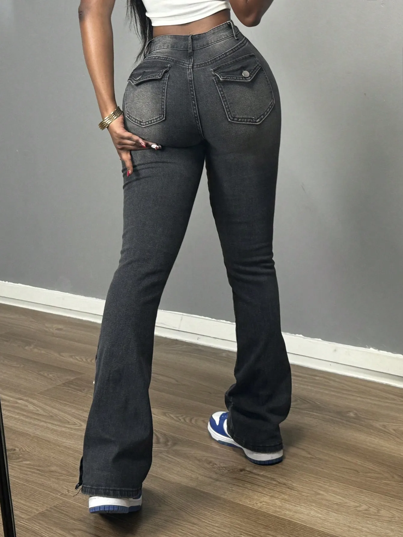 Women's High Waisted Skinny Flare Jeans 2025 Trendy Button  Detail Stretch Denim Dark Gray Casual Pants
