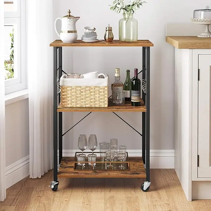 VASAGLE Kitchen Shelf on Wheels, Serving Trolley with 3 Shelves, Microwave Shelf, for Mini Oven, Toaster, with 6 Hooks