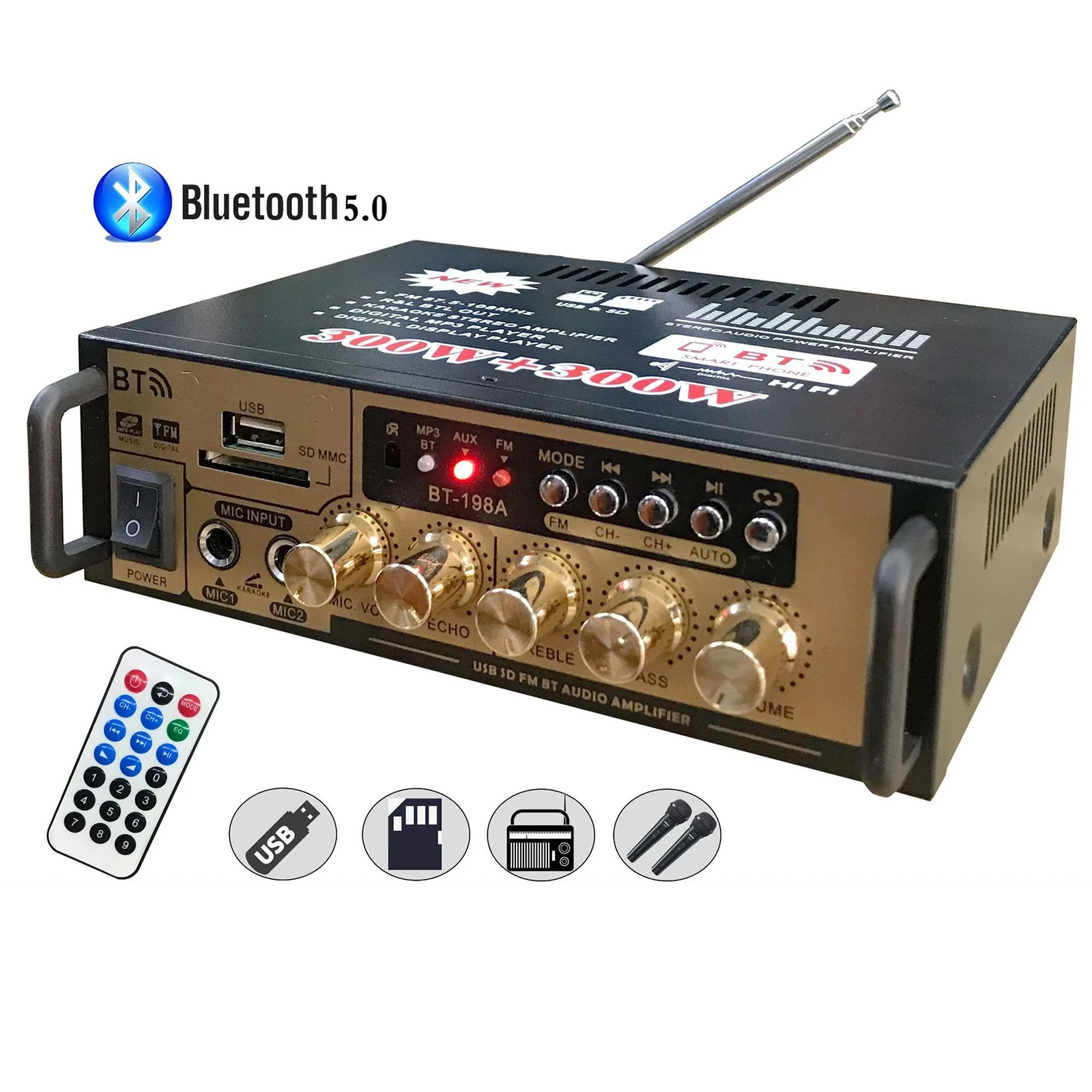 600W Bluetooth Amplifier Car Home Digital Amplifier 220V Bass Audio Power Amplifier Hifi FM Music Subwoofer Amplificador EU Plug