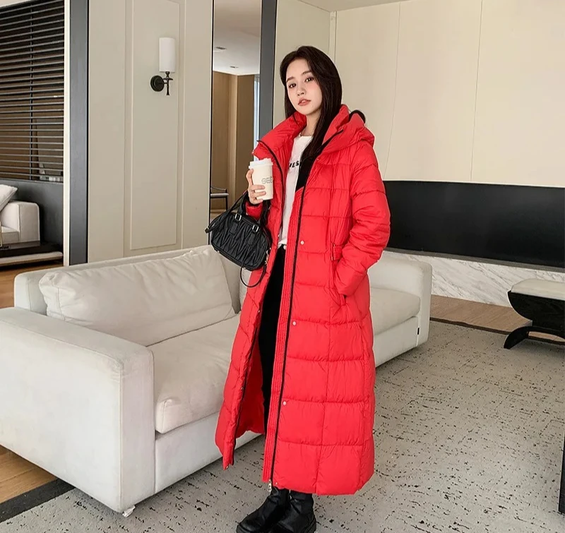 冬のレディースロングパファーアウター厚手フード付きダウンコート女性用軽量薄手ホワイトダックジャケットパーカー