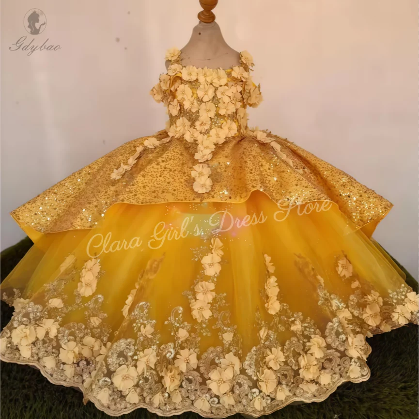 

Sequin Yellow Flower Girl Dress with Bow and Floral Embroidery Girls' Photo Dress Wedding and First Communion Dress Customizable