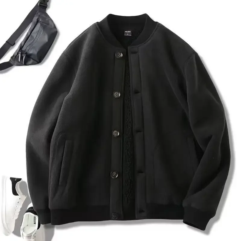 Men's Jacket Autumn Winter Polar Fleece Stitching Double Layer Stand Collar Thickened Single-breasted Solid Color Jackets Tops