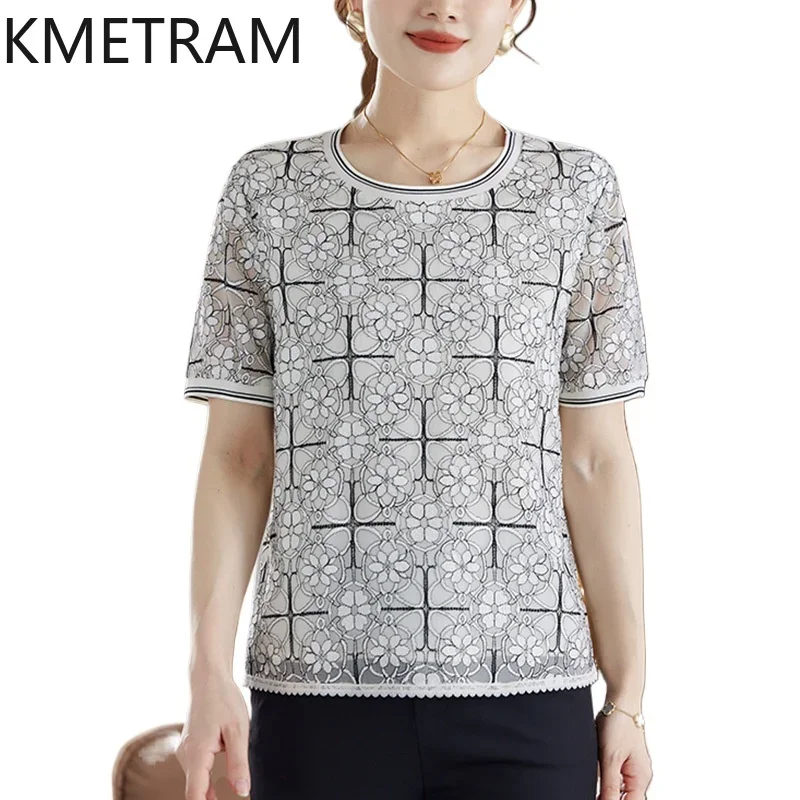 KMETRAM 100% Real Mulberry Silk T Shirts for Woman Luxury Summer Casual Tops Fashion Elegant Women Clothing Топ Женский 2024