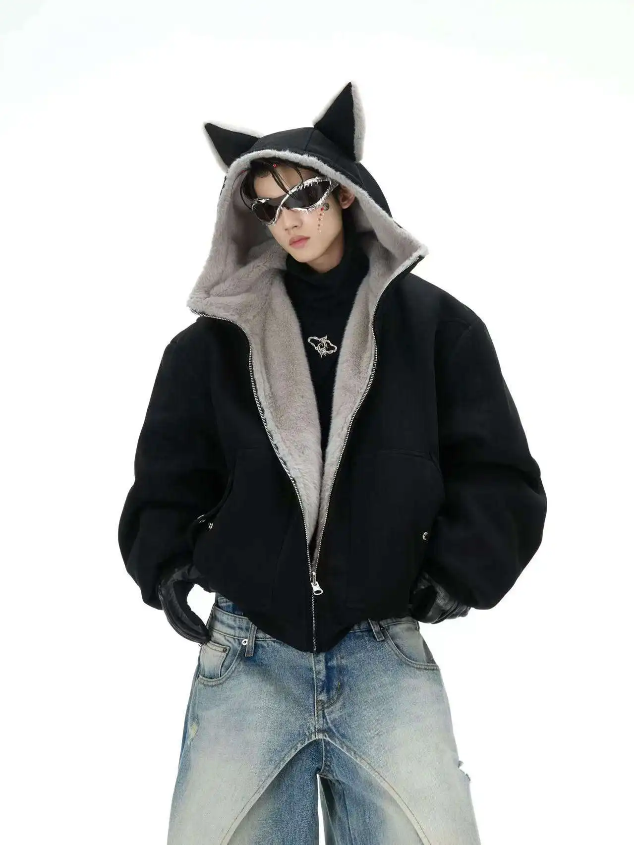 

American Sle Double-Sided Wear Plu Hoodie Jaet Men Winter Warm Casual Versatile Couple Cotton Coat Loose Fit Youth