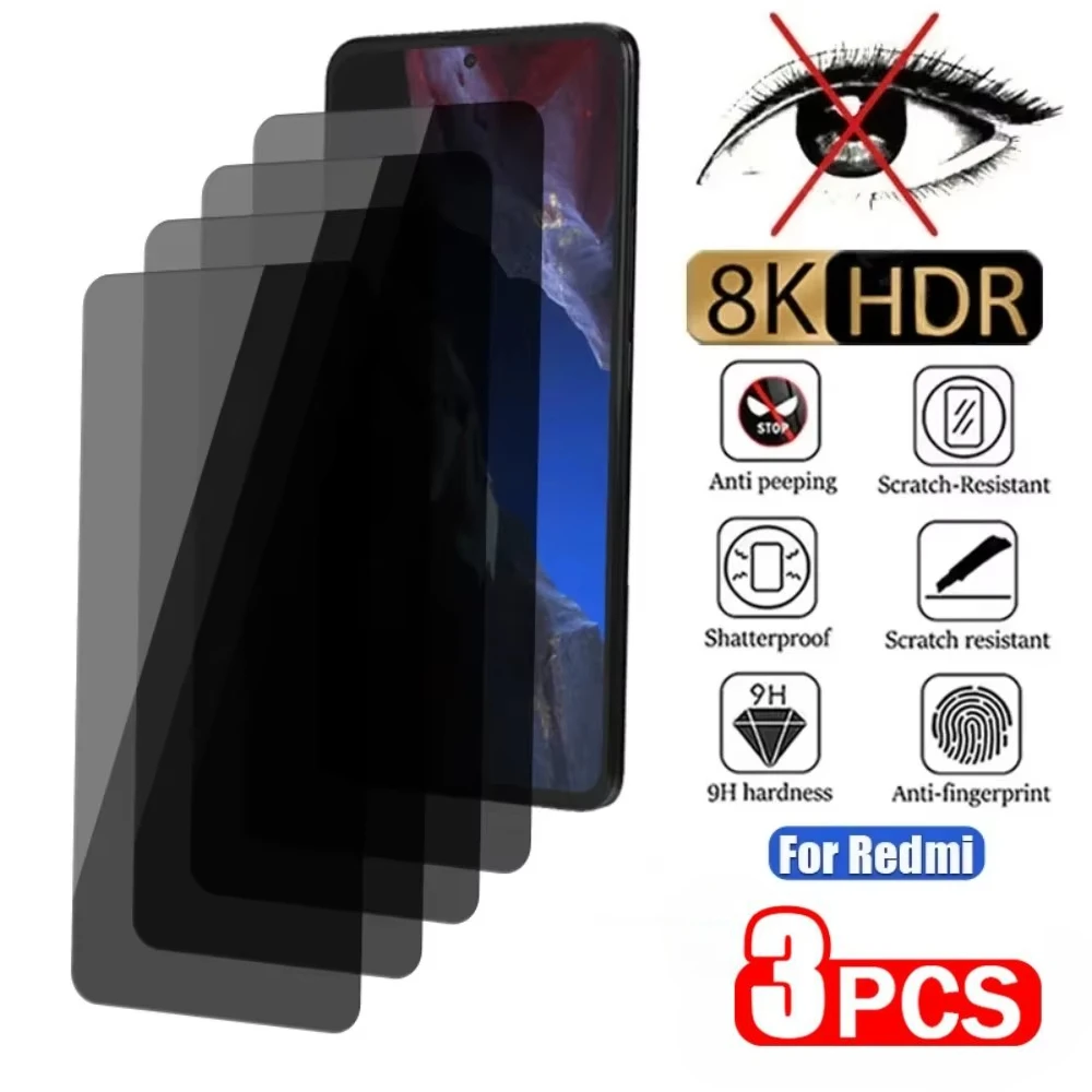 3PCS Anti-Spy Screen Protector For Redmi Note 13 12 11 10 Pro 11S 8T 5G Privacy Tempered Glass For Redmi 13C 12C 10C 10 9A 9C