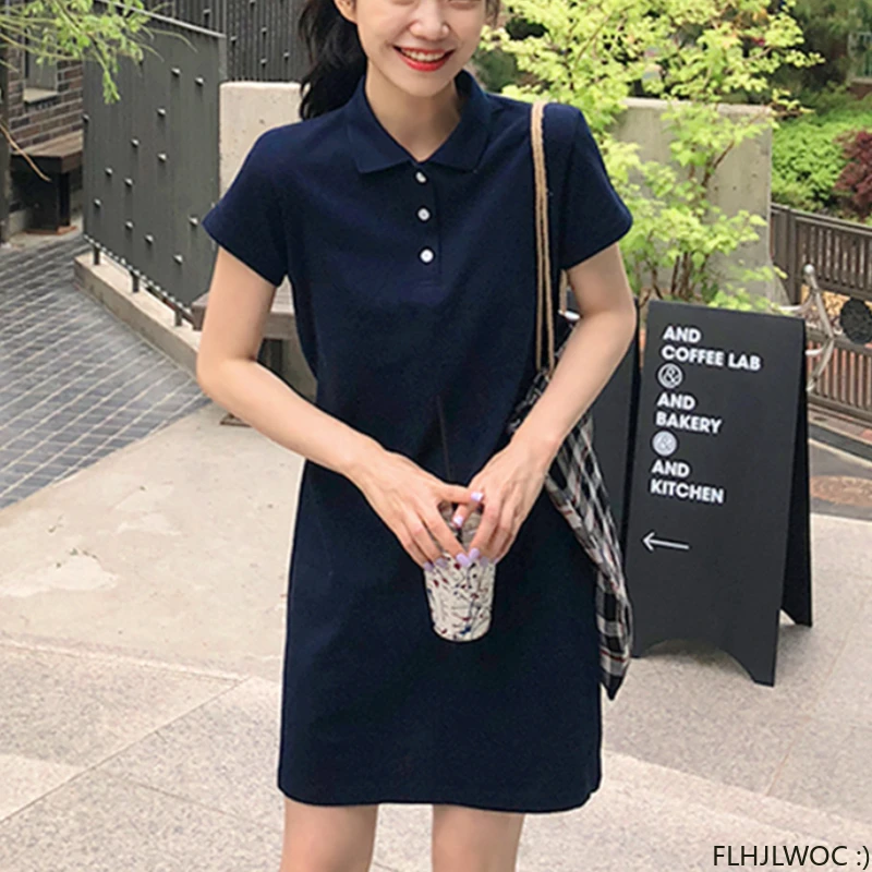 Abiti Casual in cotone moda donna 2024 New Chic Korea Japanese Preppy Style Girls Ladies Cute Mini Navy Blue t-shirt Dress