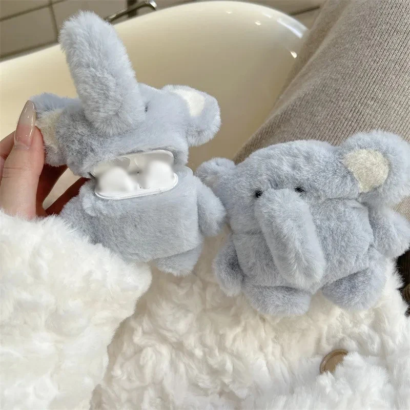 Cute Plush Blue Elephant Headphone Cover Wireless Earphones Protective Case For AirPods/Pro 1/2/3/4 Generation Accessories