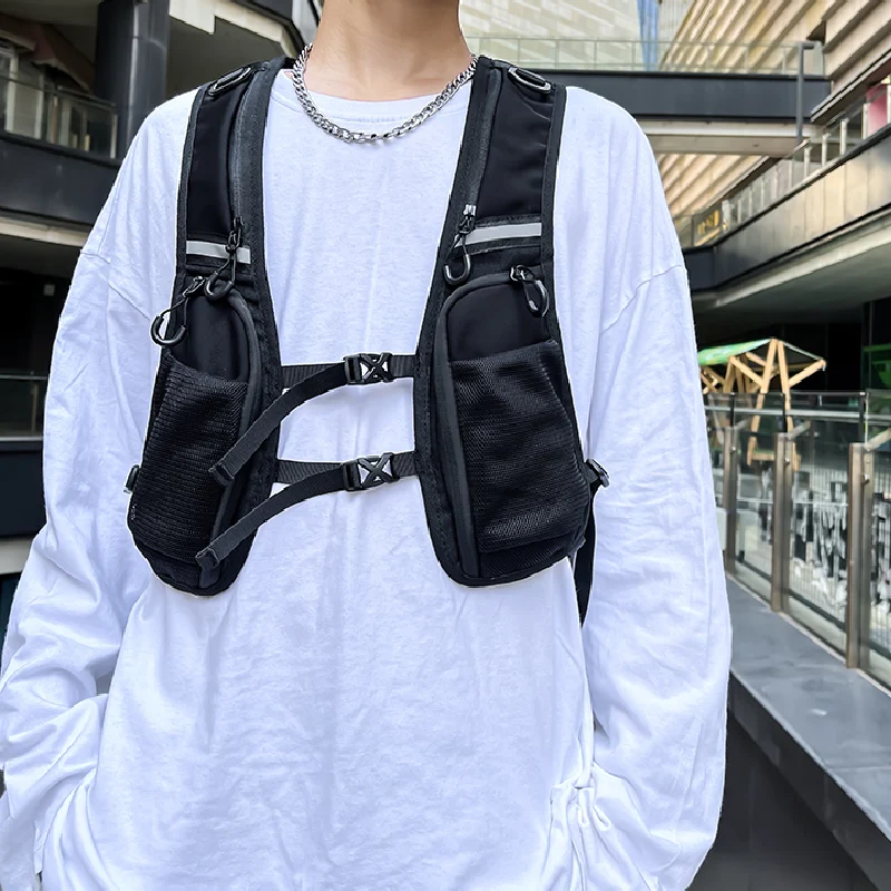 الهيب هوب الشارع الشهير الصدر تلاعب حقيبة للرجال عادية التكتيكية سترة الظهر متعددة الوظائف الصدر حزم الذكور جيوب تخزين النايلون