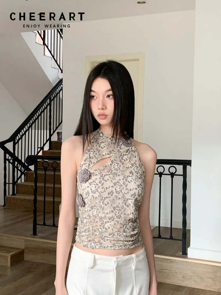 

CHEERART Designer Lace Crop Top For Woman Sleeveless Cami Halter Top Clothing