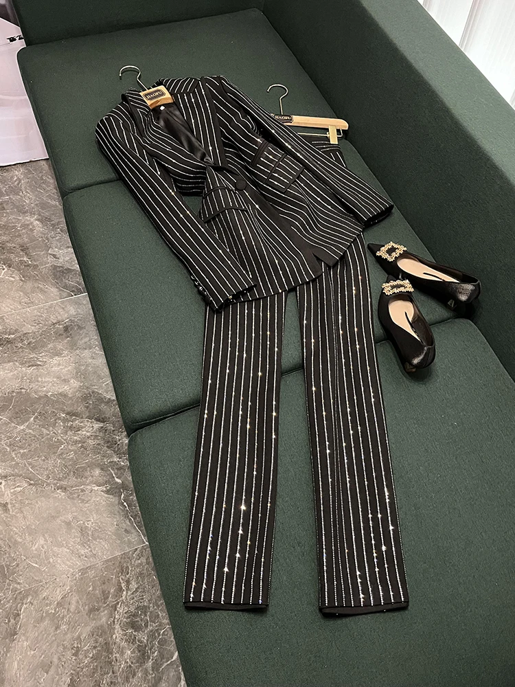 

Celebri Ele, свободный костюм с бриллиантами, джерт и брюки, комплект из двух предметов, блестящая рабочая одежда, профессиональная одежда