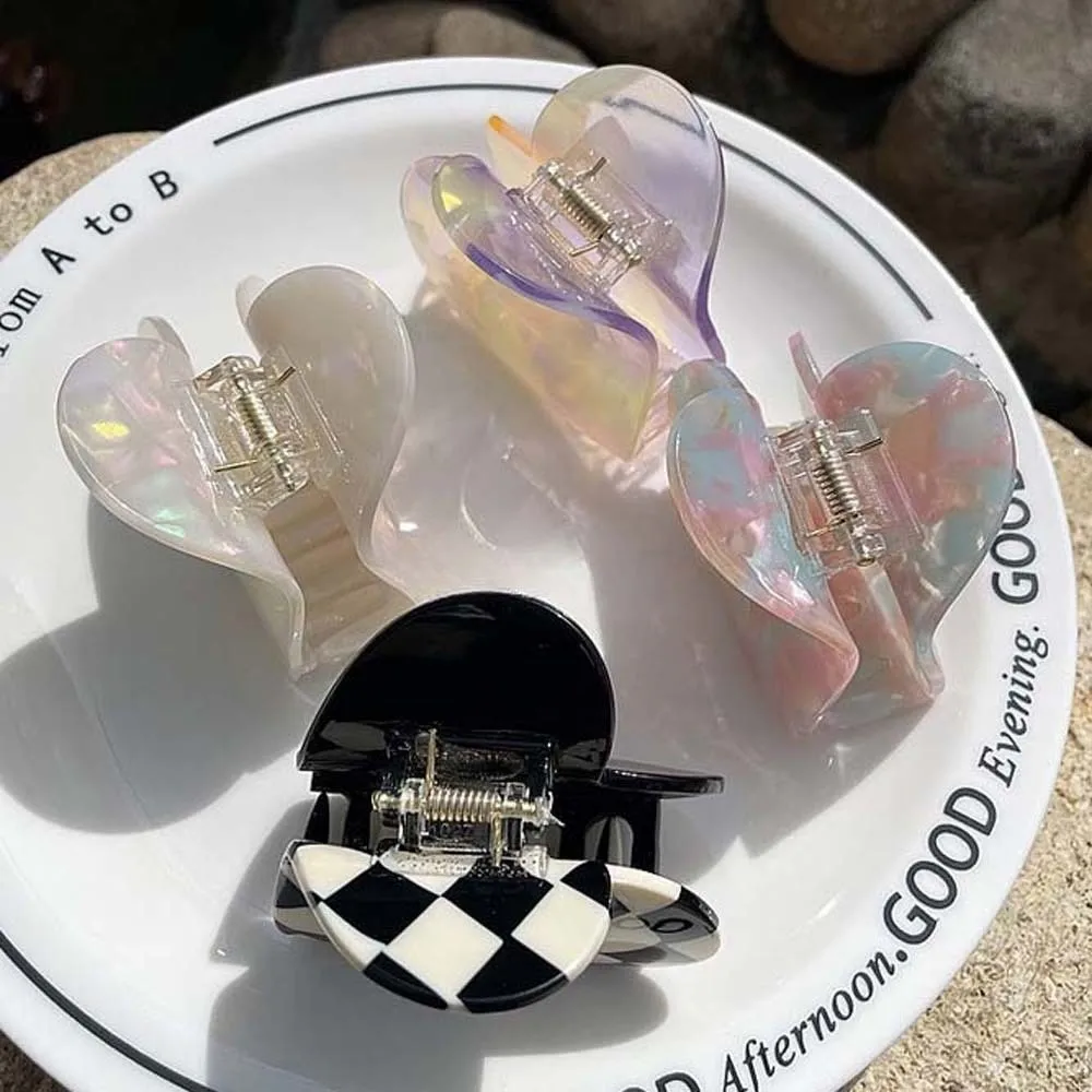 Hair Clip Elegant Heart Shark Clip Korean Style Solid Color Acetic Acid Hair Claw Acrylic Headwear Plaid Hair Claw Party