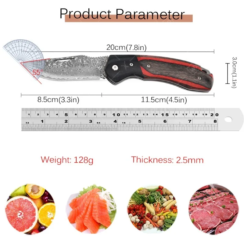 WXCOO Kitchen Knives Tool Damascus Utility Slicing Meat Fruit Barbecue Boning Knife Folding Knife Wood Handle Chef Cooking Knife