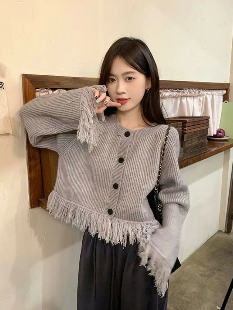 タッセル付きレディースニットセーター、格安カジュアルでエレガントなジャケット、長袖韓国風グレーカーディガンの新作