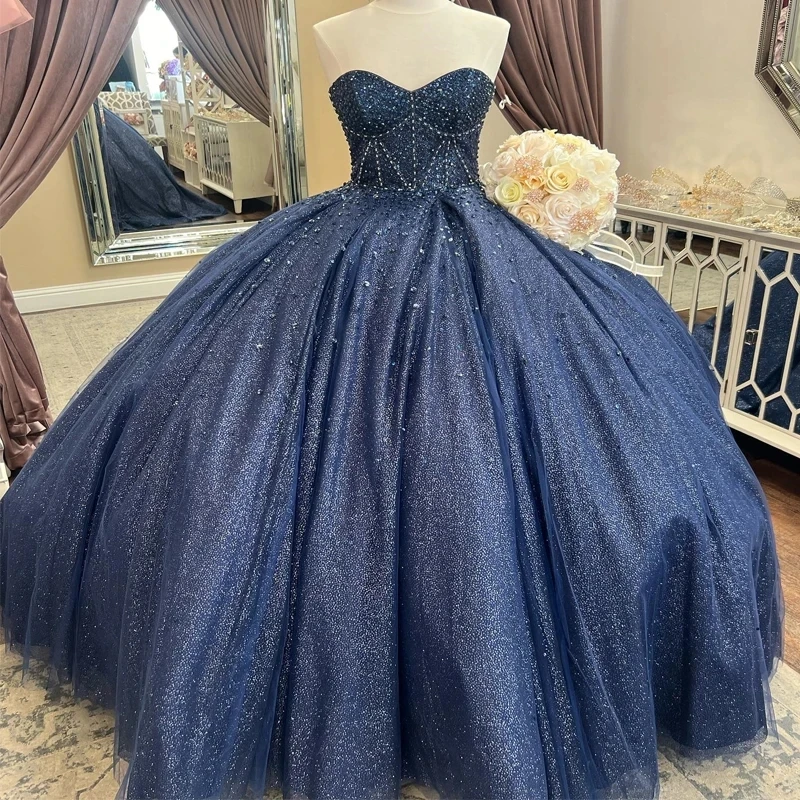 Navy Blue Glitter Crystal Sequined Ball Gown Quinceanera Dresses Off The Shoulder Beading Corset Vestidos De 15 Años