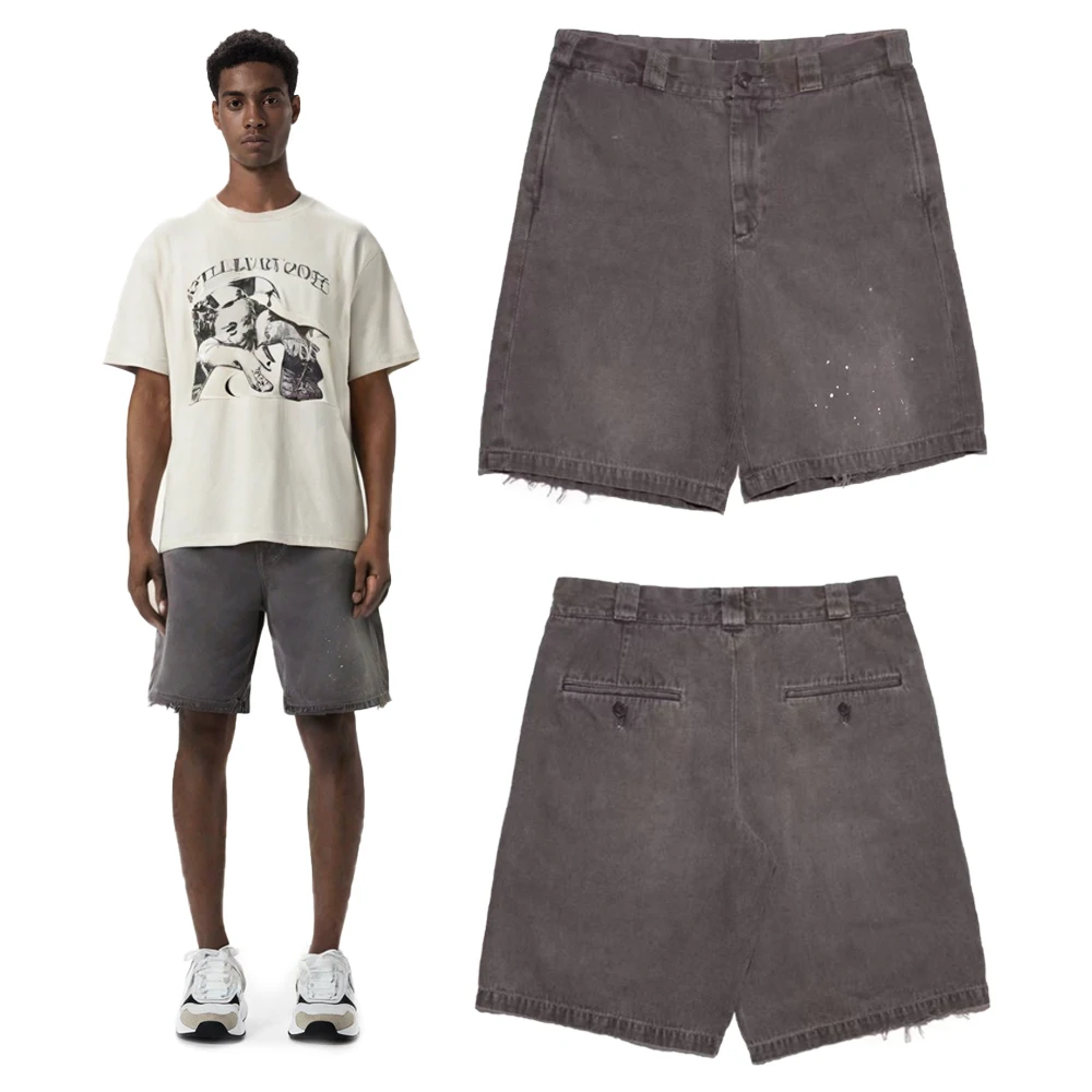 

Streetwear Clothing Dot Print Brown Shorts Jeans with Distressed High Street Style Heavy Weigth Cotton Summer Shorts Pants Men's