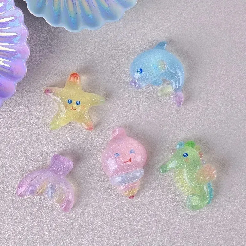 10 Pieces Cute Sparkly Dolphin Starfish Resin Pieces, Ocean Animal Flatback Patches for DIY Craft Small Decor Ornaments