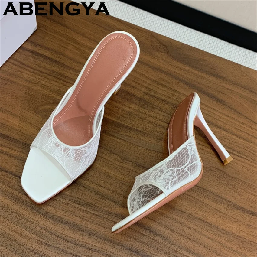 Lace Square Peep Toe Thin High Heels Slippers Women Sexy Slide Slingback Mules Slippers Woman Summer Dress Party Shoes Mujes