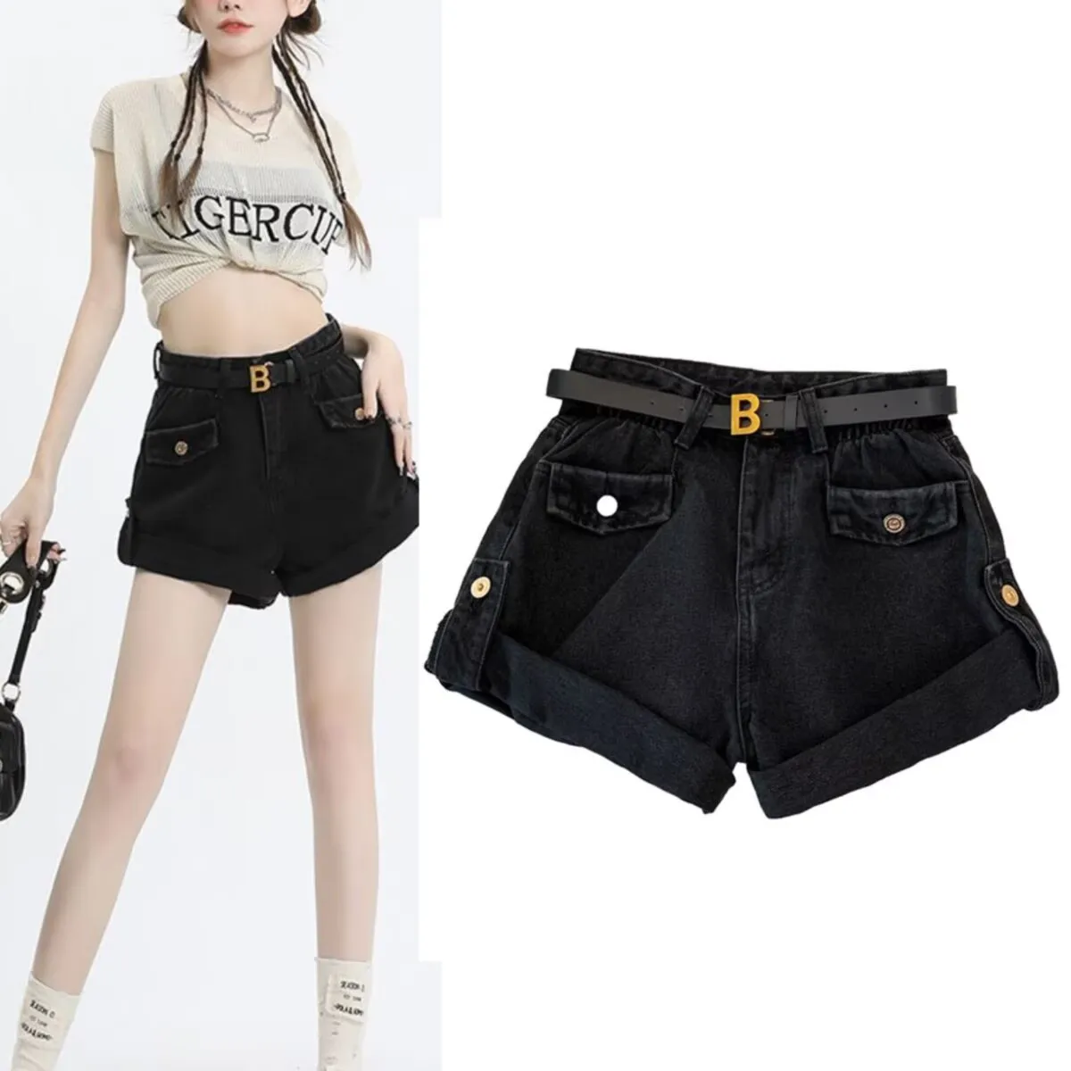 

Women's Jean Shorts Summer A-line Designer Denim Shorts Black Fashion Casual Hot Girl Style High Waist Short Jeans Vintage 9Os