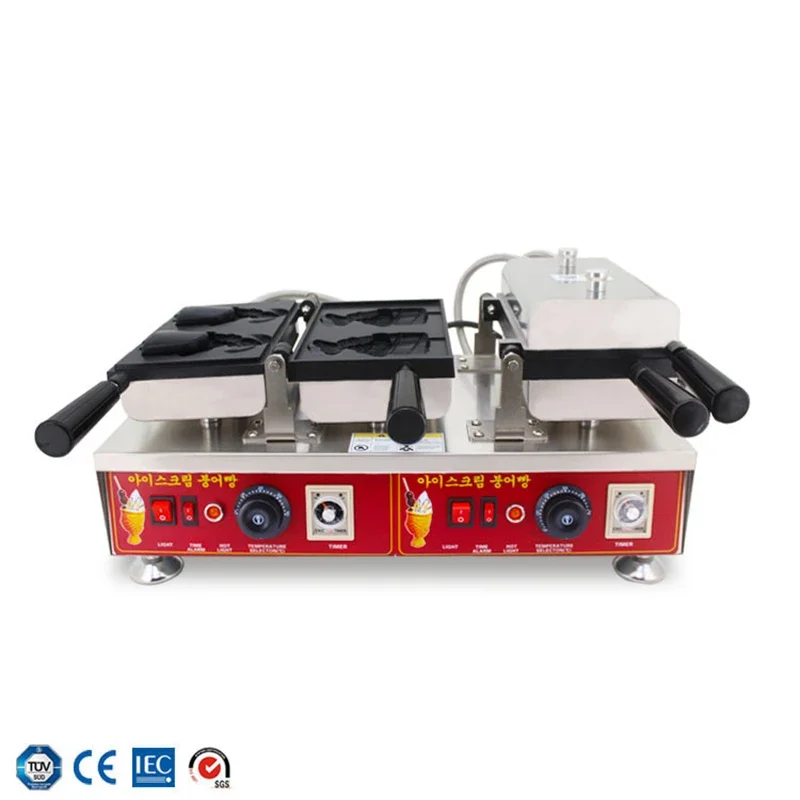 Máquina comercial de waffle taiyaki em forma de peixe, 110v 220v, boca aberta, máquina de sorvete taiyaki, padeiro de cone de peixe em equipamentos de catering