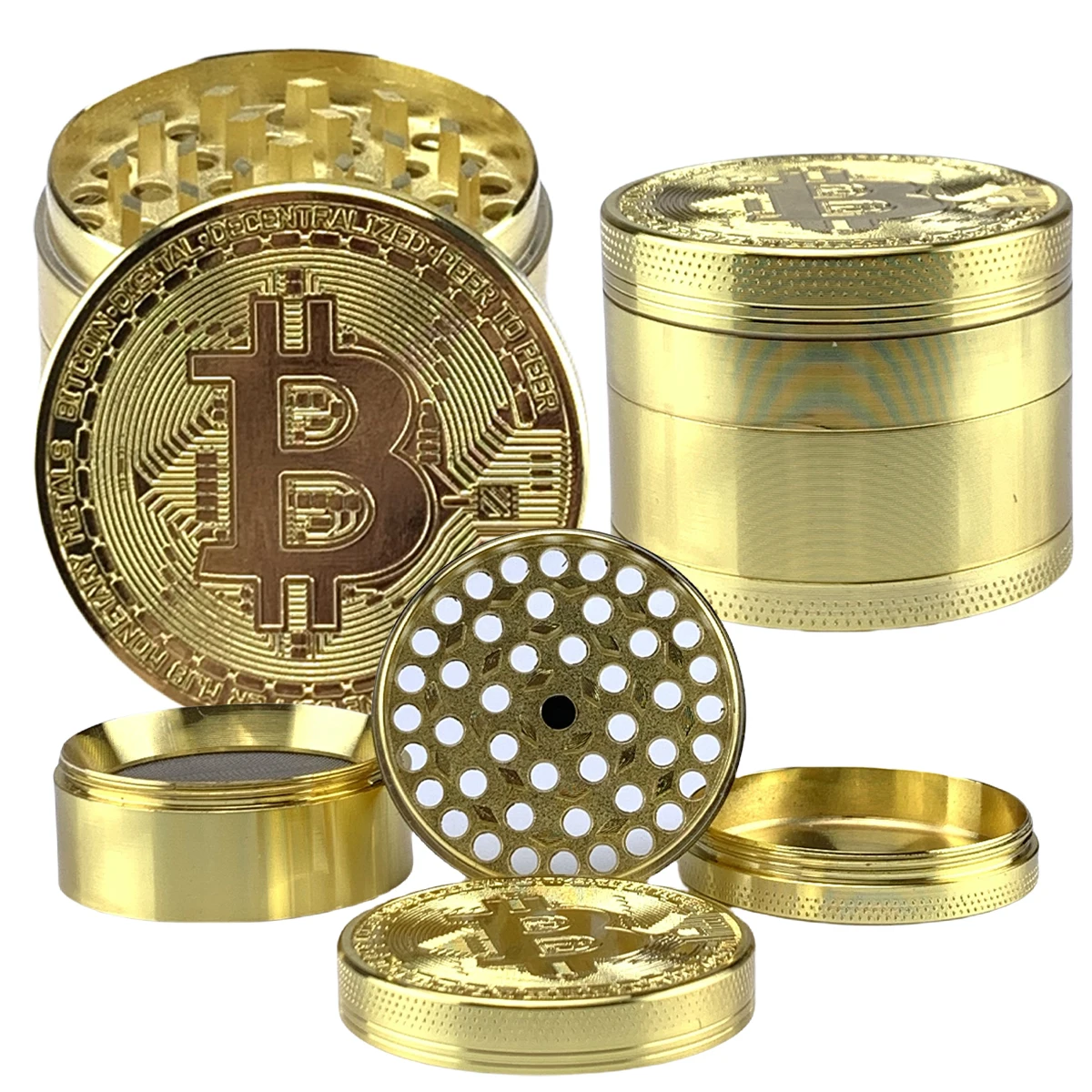 50mm Bitcoin Gold Herb Grinder 4-layer Spice Pepper Mill Mortar Metal Grass Raw Tobacco Grinder Smoking Accessories Kitchen Tool