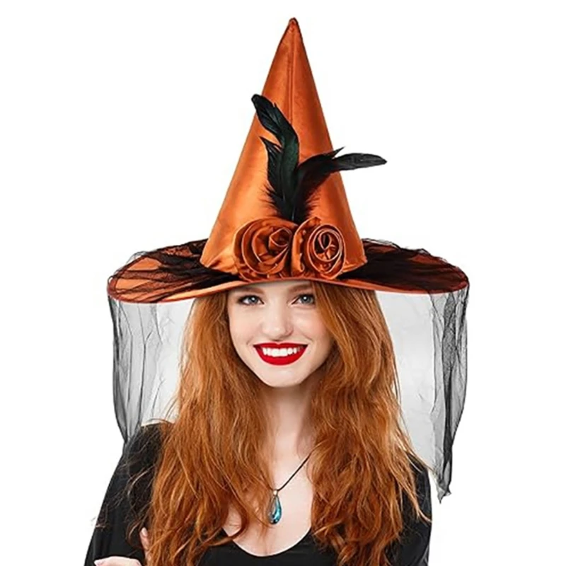 Halloween Witch Hat Women Halloween Cosplay Hat with Black Veil Applique