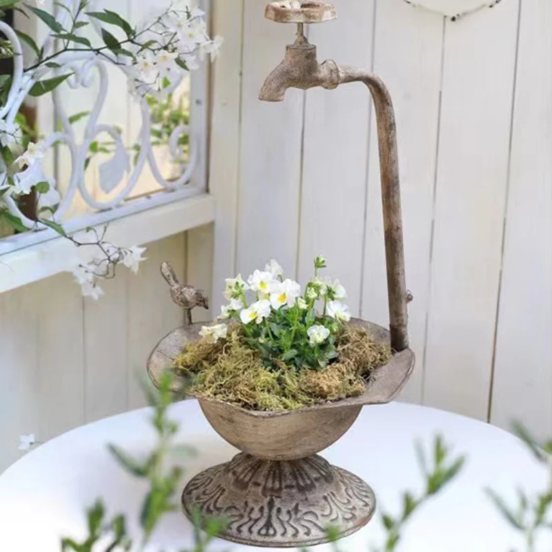 Outdoor Garden Bird Bath Spa With Metal Faucet Flowerpot bathtub Garden Decoration Basin Gardening Groceries Bird Basin