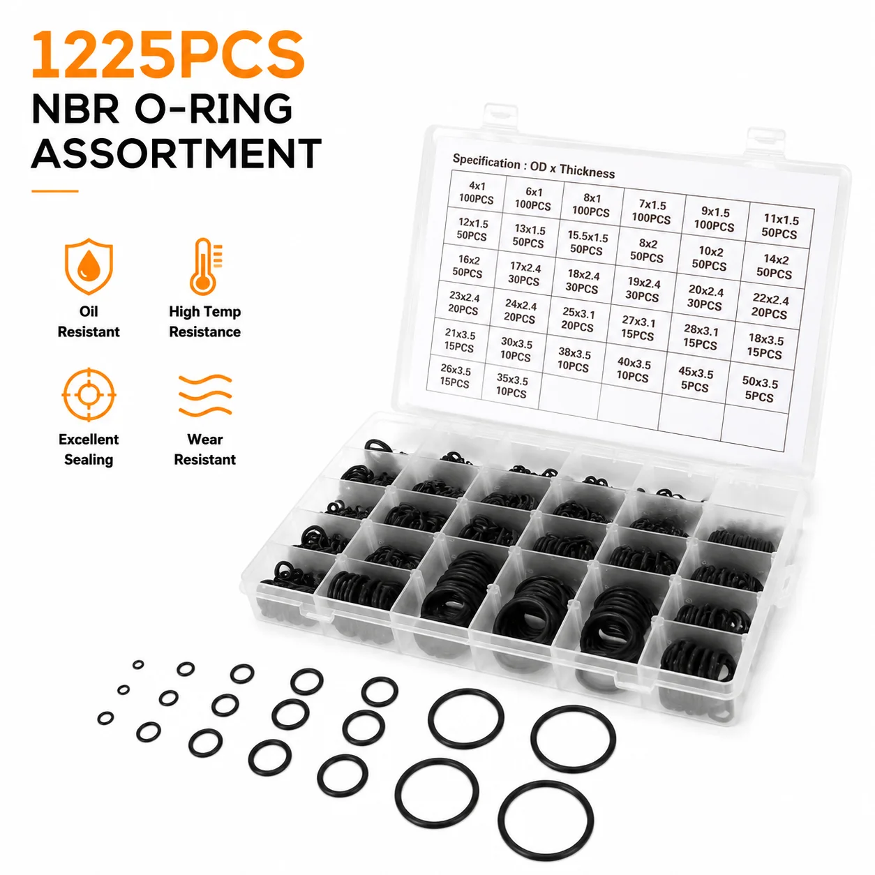 1225 Black NBR Nitrile O-ring Set CS1-3.5mm Outer Diameter 4-50mm Anti-aging Universal Sealing Rubber Ring