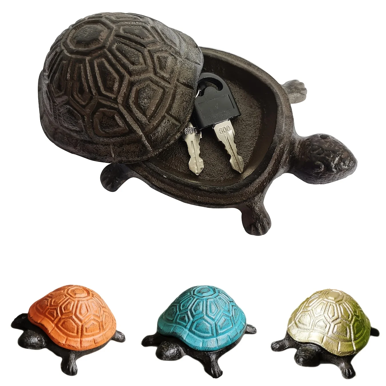Caja ocultadora de llaves de tortuga vintage, llavero de repuesto de hierro fundido con tapa abatible, jardín decorativo y decoración del hogar, almacenamiento seguro de llaves