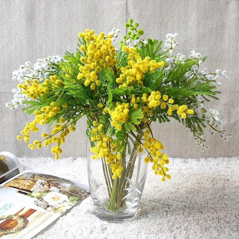 Flores artificiales de imitación Mimosa de acacia de 14,96 pulgadas para decoración del hogar ramo de estilo nórdico INS