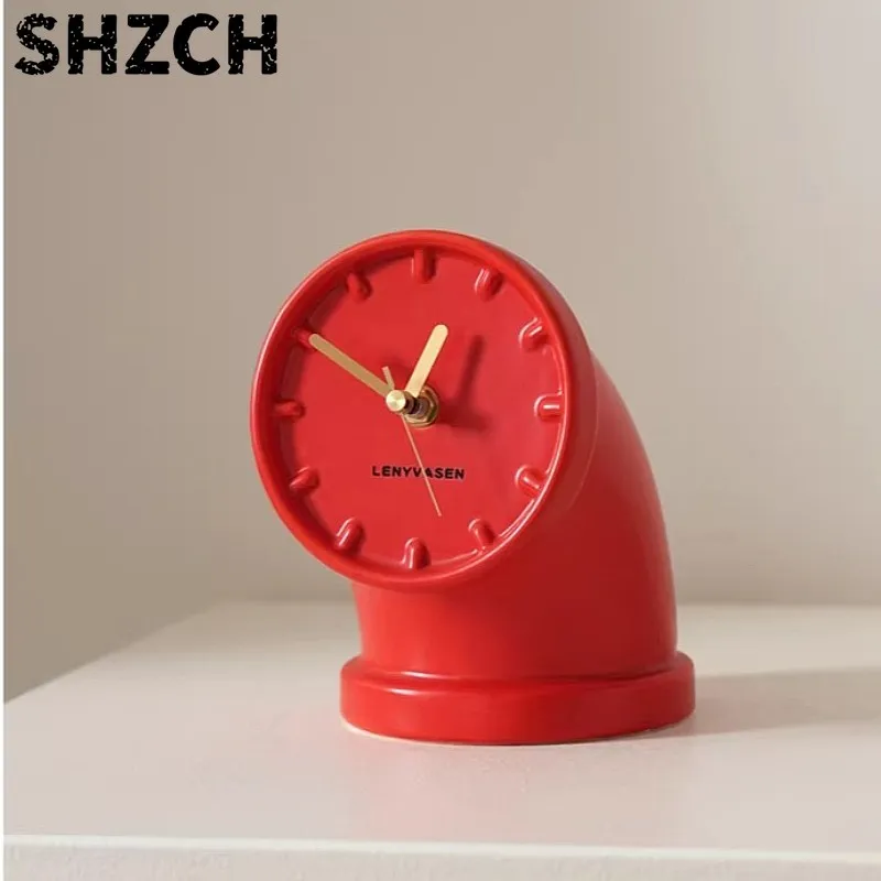 INS Style Ceramic Desk Clock Industrial Pipe Design Silent Tabletop Decor for Entryway TV Cabinet