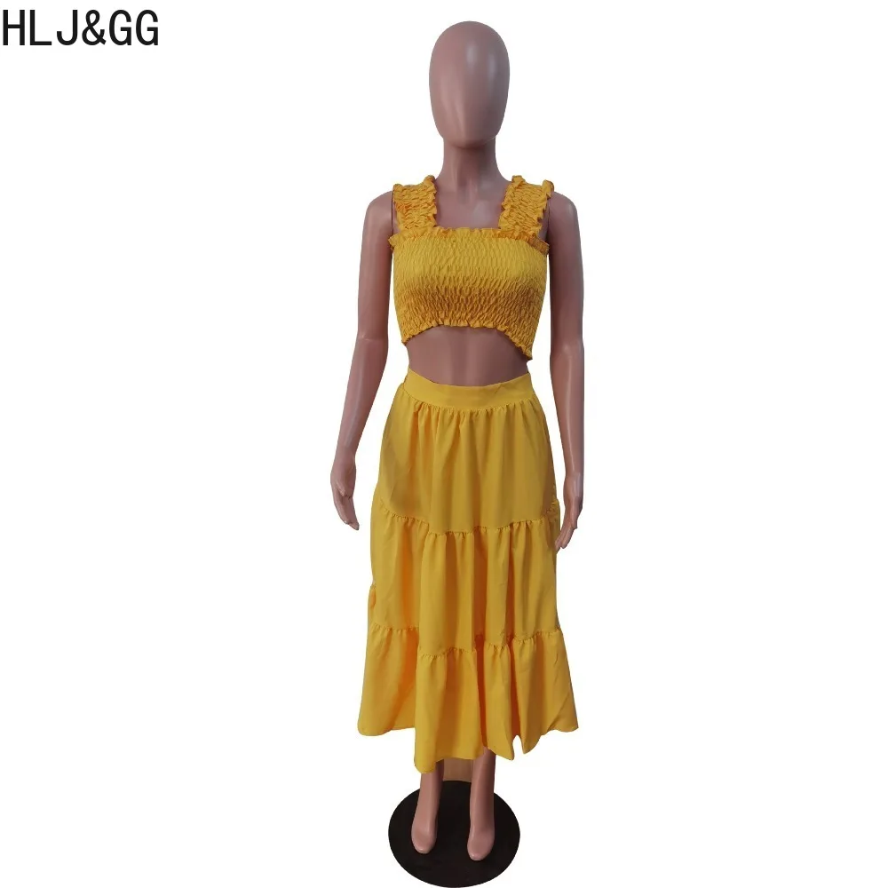 HLJ&GG Spring New Solid Ruched Skirts Two Piece Sets Women Splicing Strap Sleeveless Crop Top And Skirts Outfits Female Clothing