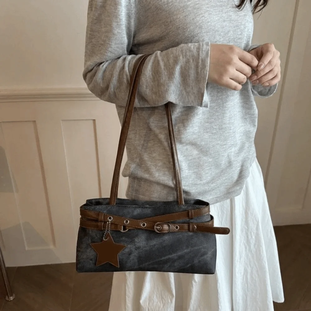 Fashion Tie-Dye Y2K Shoulder Bag Star Pendant With Metal Buckle Belt Women Handbag Korean Style Tote Bag Underarm Bag Women