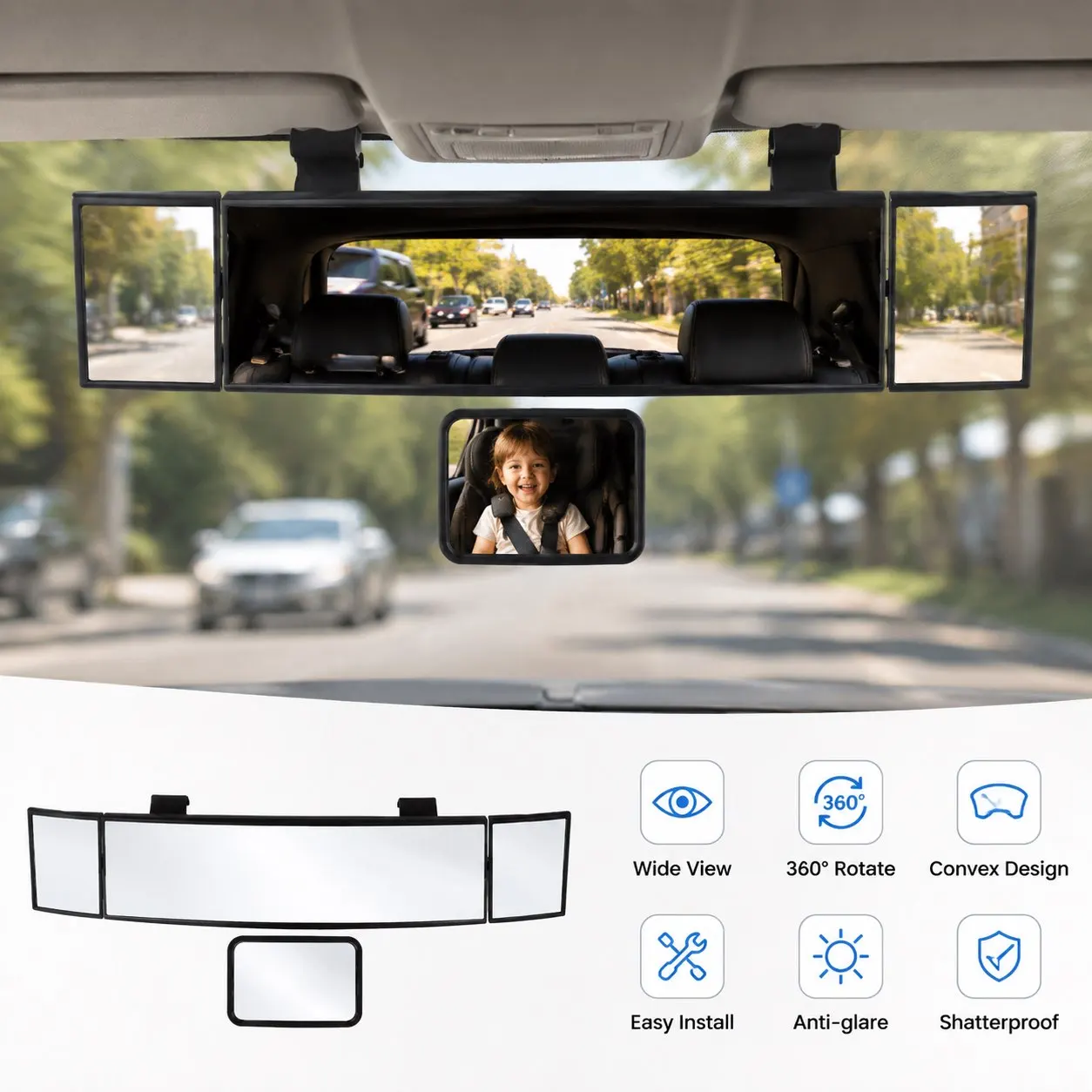 Panoramic Clip-On Car Rear View Mirror Blind Spot Elimination Safety Mirror for Family Driving with Back Seat Baby Watch Mirror