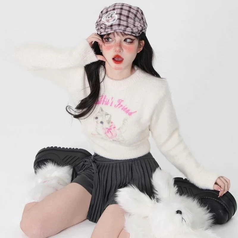 New College Style Harajuku White O Neck Sweater Women Autumn Winter Korean Fashion Long-sleeved O-neck Pullovers Cute Top Female