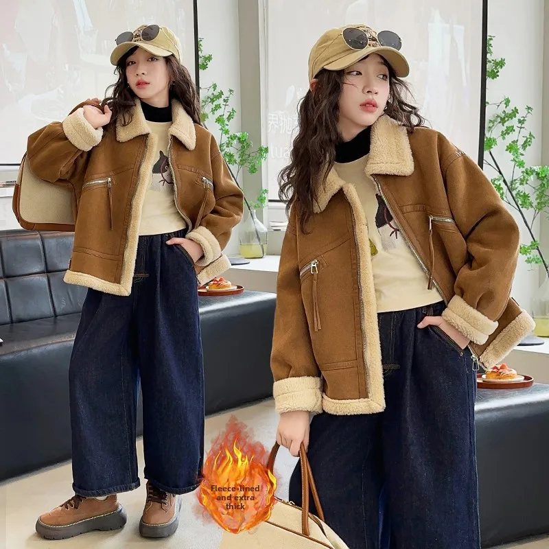 

Одежда для девочек на меховой подкладке, осенне-зимняя верхняя одежда, корейское пальто Sle ort, теплое длинное свековое пальто на молнии без шапки, детская J...