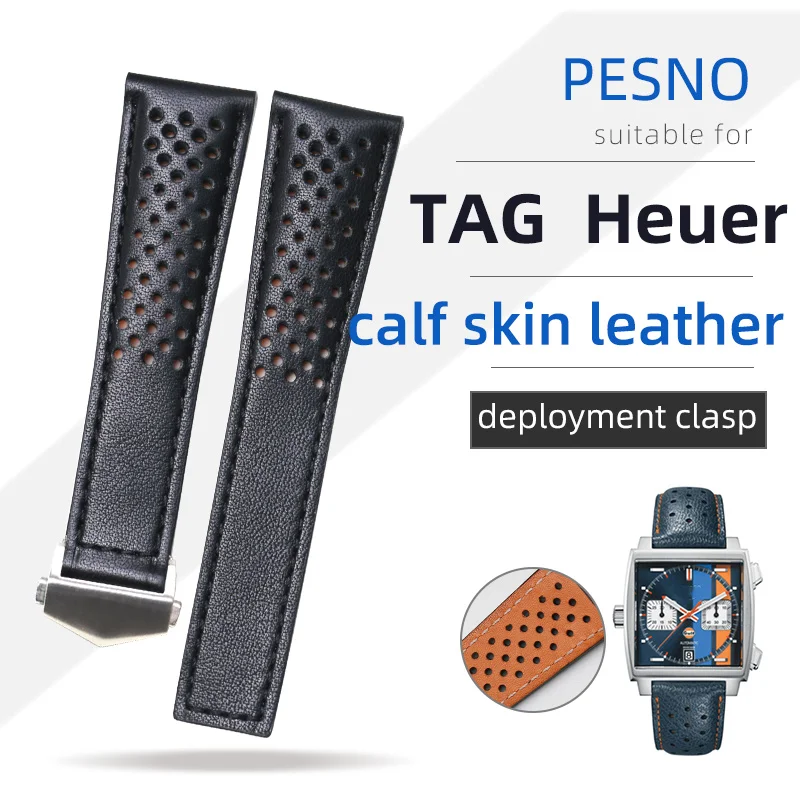 Pesno Genuine Leather Belt Calf Skin Leather Watch Band Black Men Watch Accessories suitable for TAG Heuer Monaco