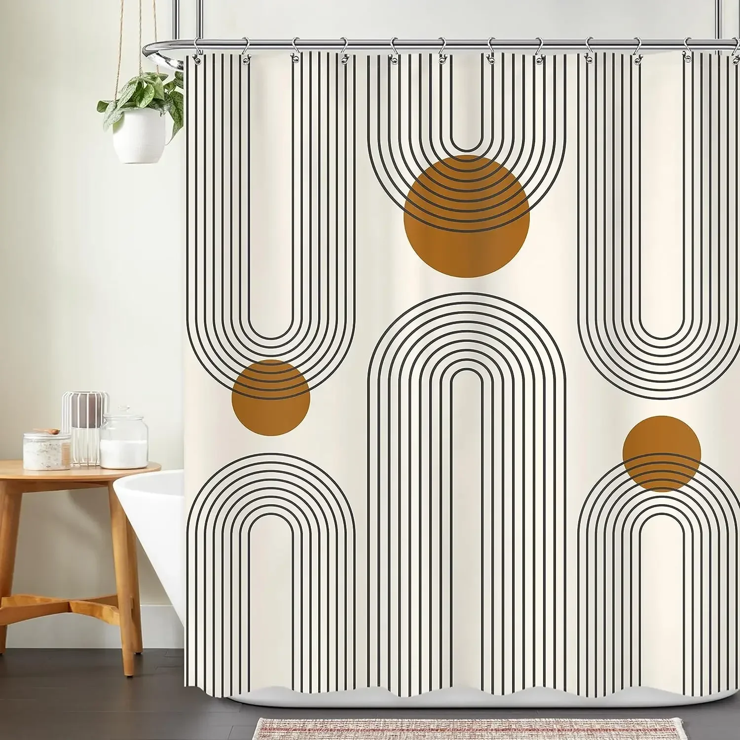 Boho Mid Century Abstract Arch Sun Moon Tropical Leaf Geometric Circle Line Art Pattern Shower Curtain Waterproof Mildew Resista