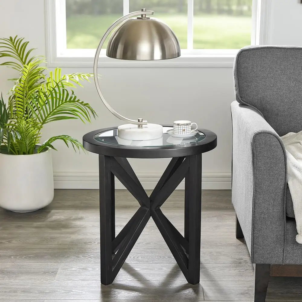 Современный круглый журнальный столик из закаленного стекла, основание из цельного дерева для гостиной, кабинета, минималистичный дизайн, 22 дюйма