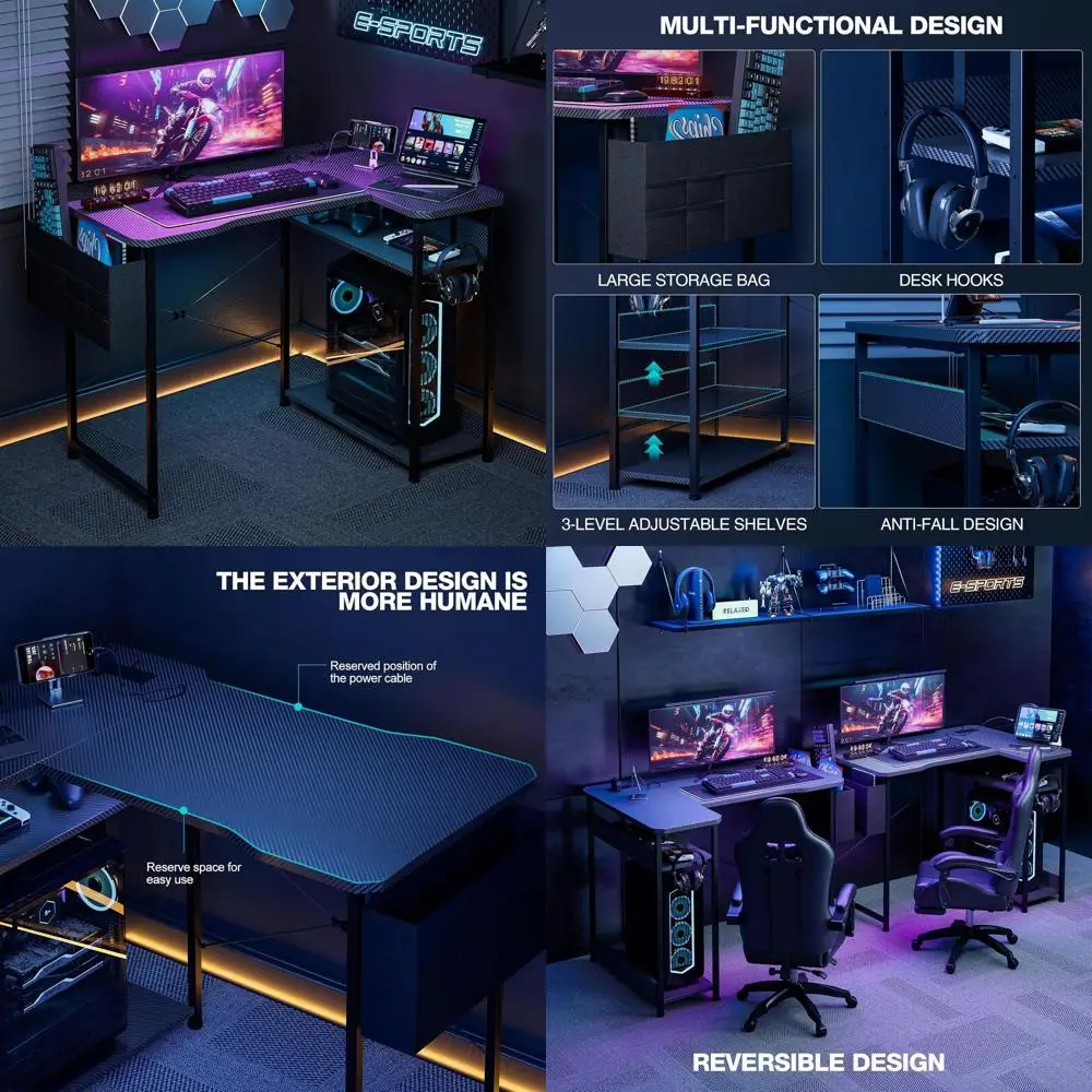 

55 L-Shaped Desk for PC Gaming with Power Outlets, Reversible Shelves, Storage - Black Carbon Home Office Desk