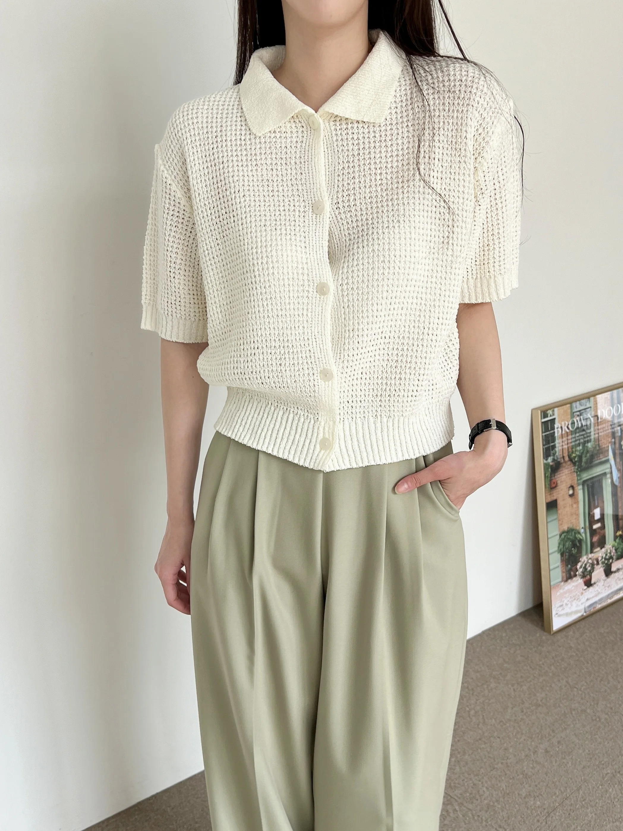 

Korean Sle Knitted ort Sve Cardigan Women's Faion Turn-down Collar Single Button Small Size Sweater Summer Wear