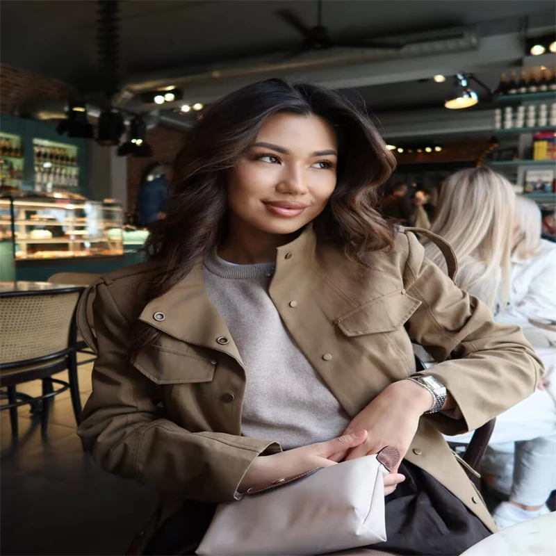 Military Style Utility Jacket Women Khaki Stand Collar Button Front Pocket Detail Casual Outfit