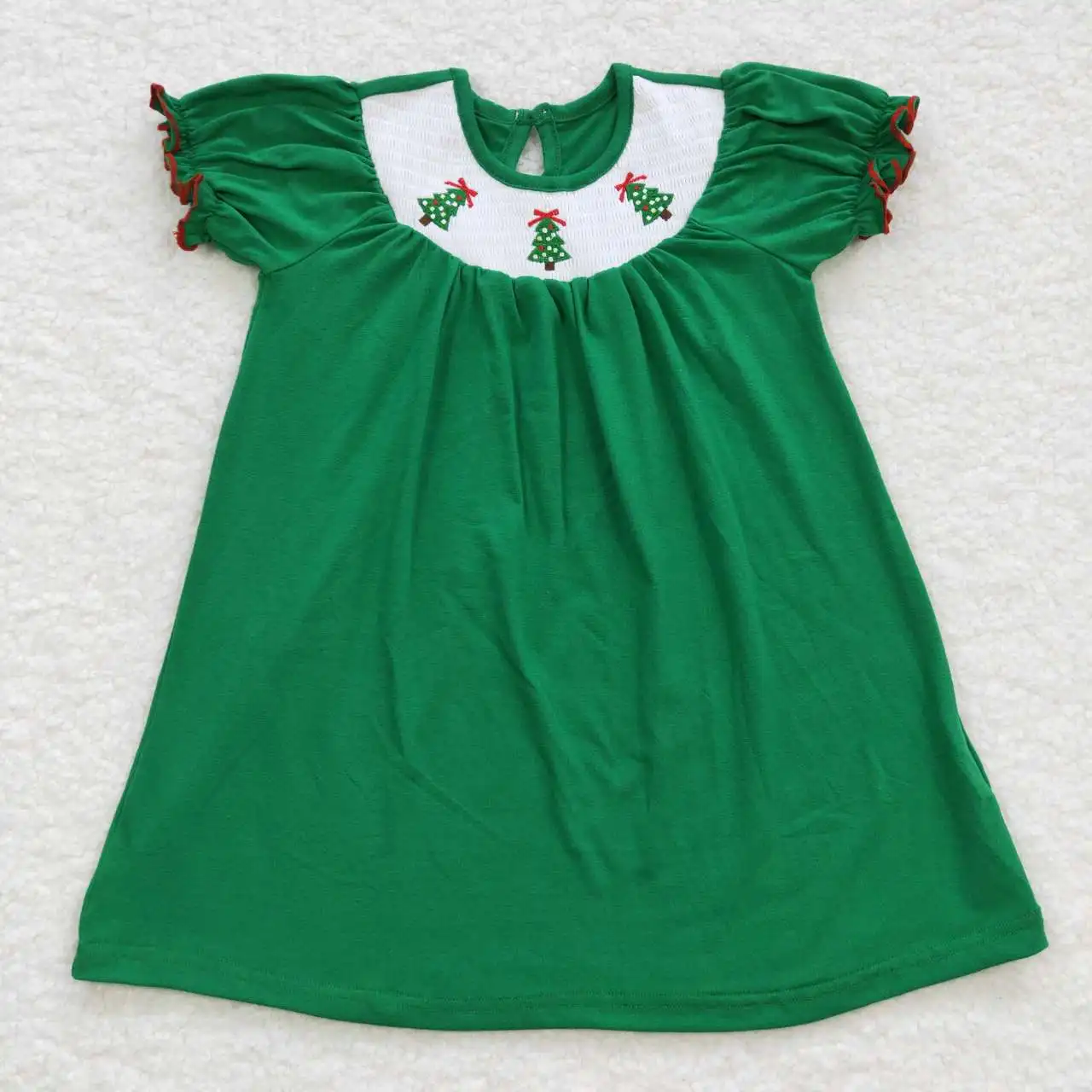 GSD0432 2023 New Embroidered Christmas Tree Smocked Green Short Sleeve Print Baby Girl Dress Boutique