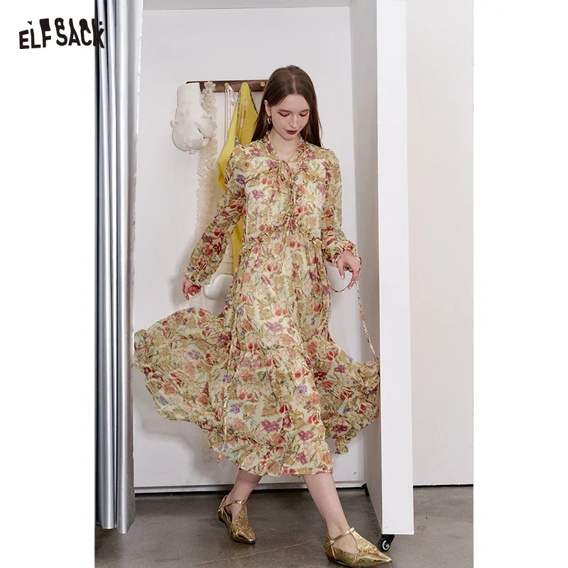 

ELFSACK 2025 Spring New Arrivals French V-neck ruffled pleated floral dress for women Vacation elegant long-sleeved dress
