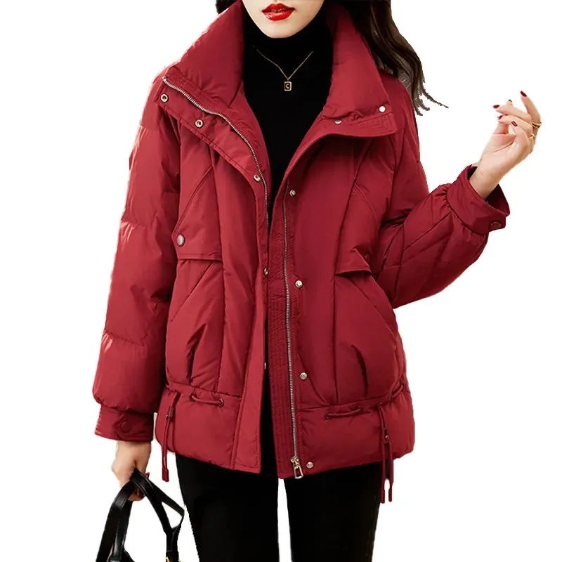 Sobretudo parka vermelho para baixo algodão acolchoado jaqueta feminina 2023 novo inverno outerwear engrossado manter quente moda senhoras casaco
