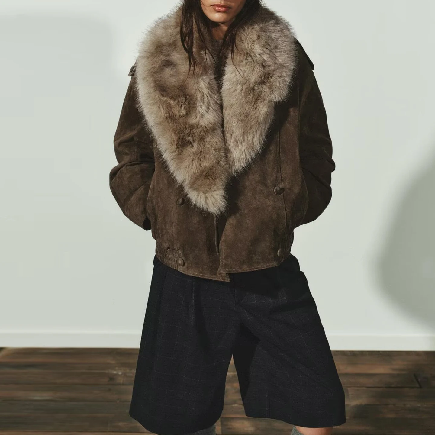 Fashionable Velvet Texture Jacket Coat for Women Autumn 2025 New Arrival ZADATA Standard Fit Short Outerwear with Fur Collar