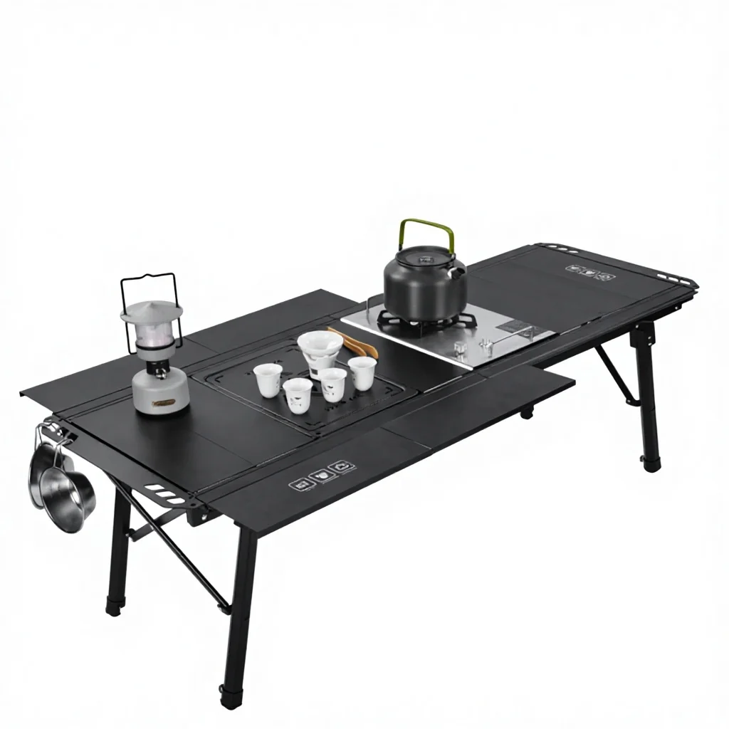 Aluminum Alloy & Bamboo Lightweight Modern Foldable Expandable Rectangular Outdoor Camping Cooking Table with Accessories