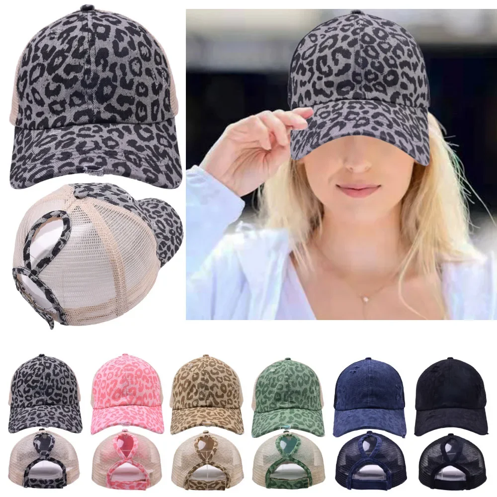 

Fashion Leopard Baseball Caps Women Ponytail Mesh Duck Tongue Cap Adjustable Sun Protection Hats Female Summer Sunshade Hat