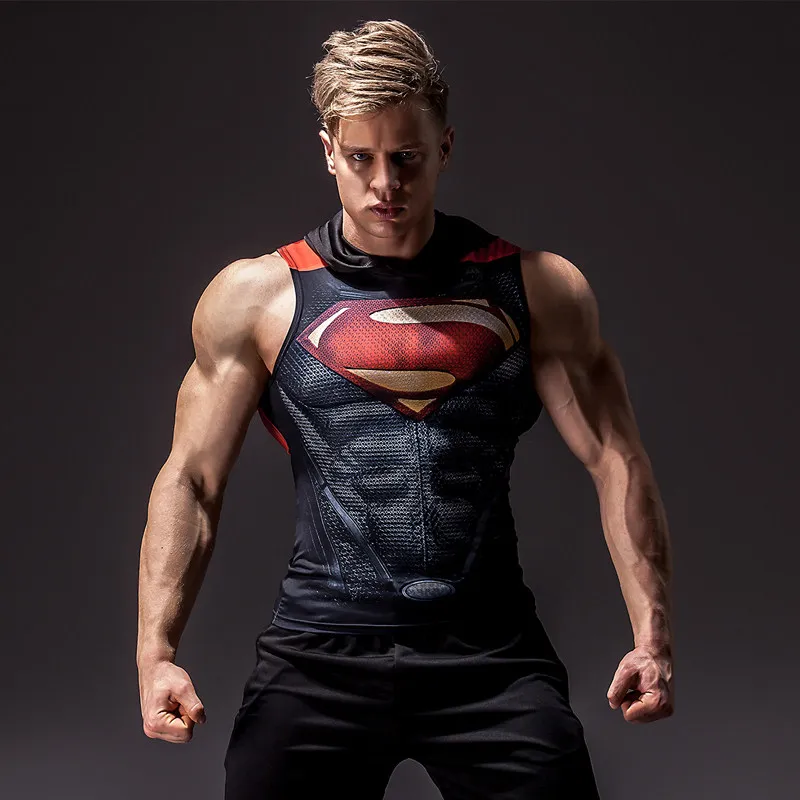 Superman Compression Sleeveless Hooded Tank Top Quick Dry Elastic Gym Fitness Training Sport Vest For Men Birthday Gift