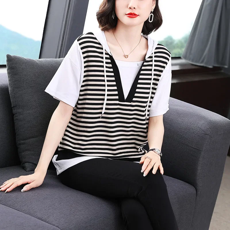 Casual Mature Women Striped Hooded Tshirt Fake Two Piece Patchwork Short Sleeve Loose Hide Belly Plus Size Summer Daily Tops